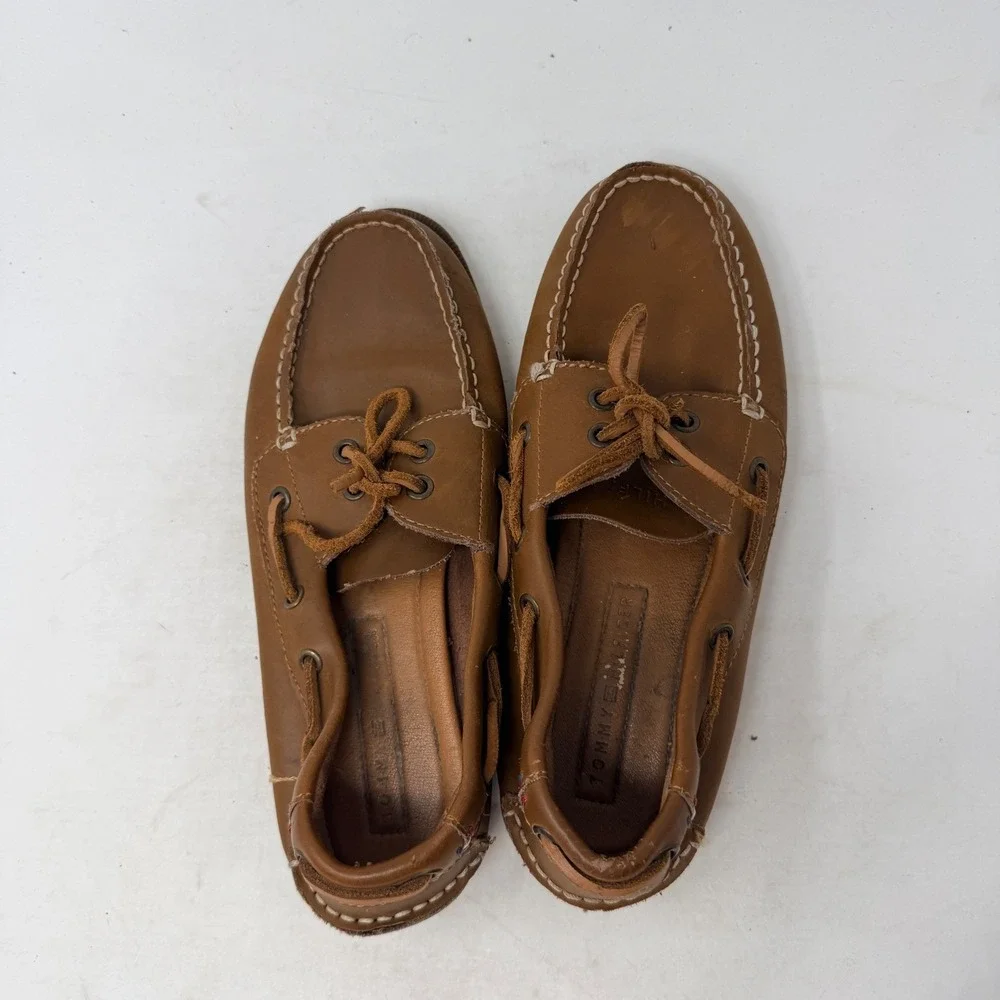 Tommy Hilfiger Mens Tan Leather Boat Shoes Nautical Loafers Size 7